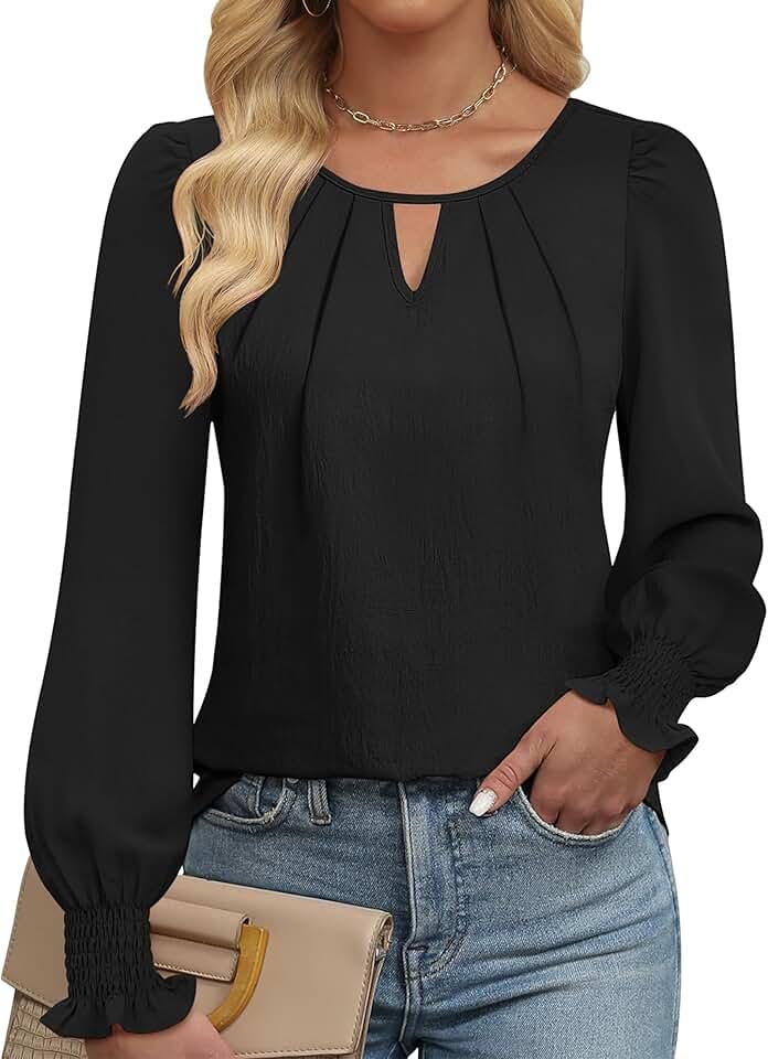 Womens Long Sleeve Tops Dressy Casual Keyhole Blouses Pleated Tops 2024 Trendy Basic Work Shirts