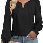 Womens Long Sleeve Tops Dressy Casual Keyhole Blouses Pleated Tops 2024 Trendy Basic Work Shirts