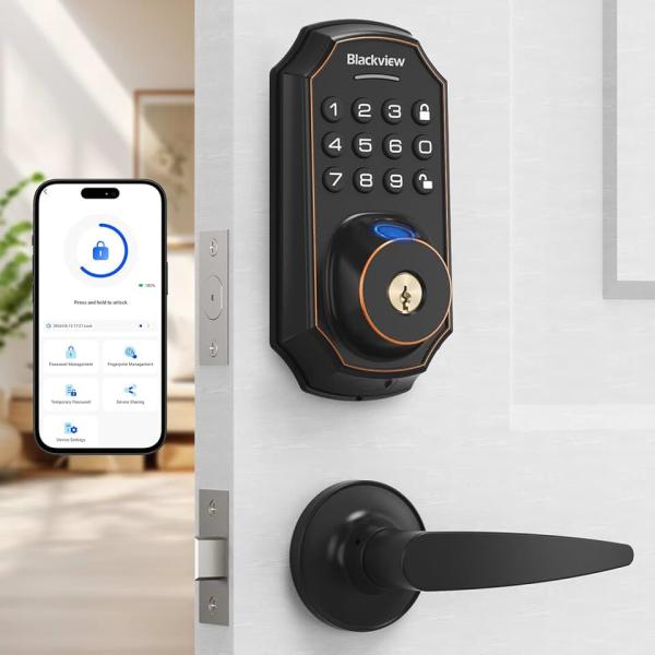 Keyless Entry Door Lock Fingerprint Deadbolt with Lever Handle Set, Fingerprint Smart Door Lock