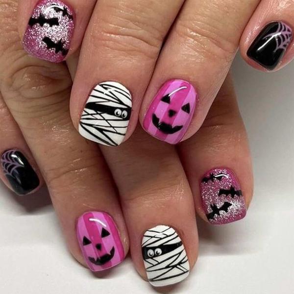 Halloween Press on Nails Short Square Fake Nails Mummy Grimace Designs Halloween Nails Press ons