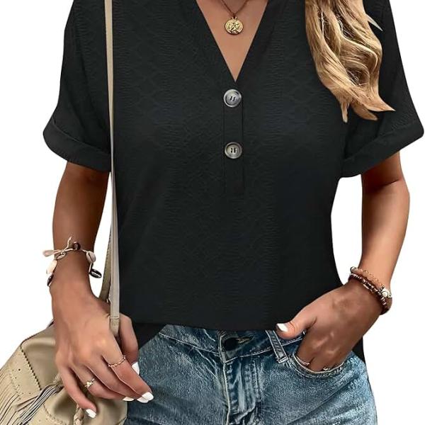 Micoson Women's Summer Tops Dressy Casual Short Sleeve Button Down Shirts Loose Fit V Neck Tunic Blouses