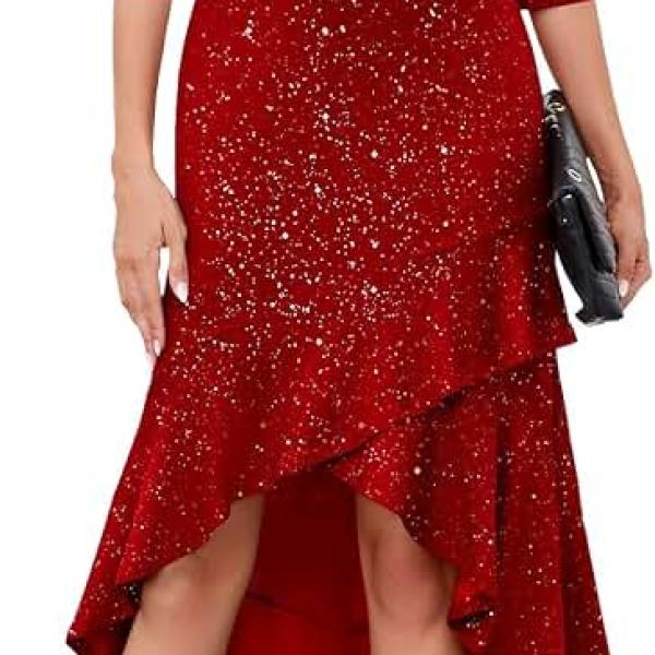 Women Formal Wedding Guest Cocktail Sequin Glitter Dress 3/4 Sleeve Midi Evening Gown Prom Party Ruffle Hi Low Dress