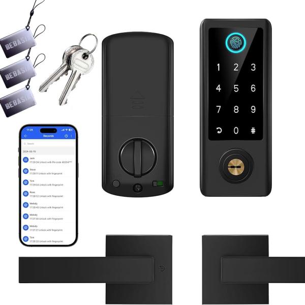 BEBASIA Smart Fingerprint Door Lock with Handle Set, Full App Control, Keyless Entry Door Lock,