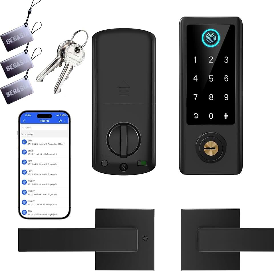 BEBASIA Smart Fingerprint Door Lock with Handle Set, Full App Control, Keyless Entry Door Lock,