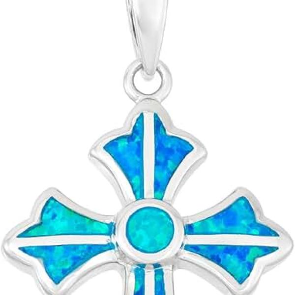 Beaux Bijoux Sterling Silver Created Opal Cross Necklace for Women | Simulated Blue Opal Cross