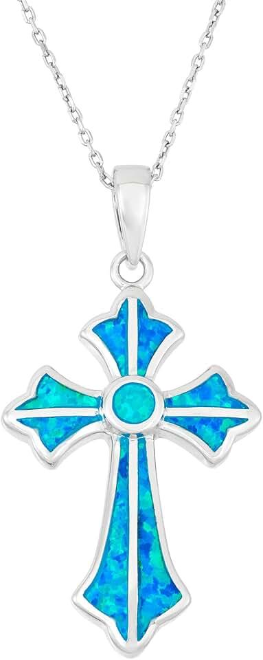 Beaux Bijoux Sterling Silver Created Opal Cross Necklace for Women | Simulated Blue Opal Cross