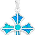 Beaux Bijoux Sterling Silver Created Opal Cross Necklace for Women | Simulated Blue Opal Cross