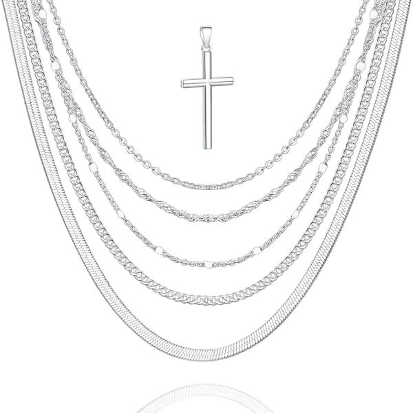 6 Pcs Stackable Silver Chain for Women, Womens Silver Plated Chain Necklace Cross Pendant Jewelry