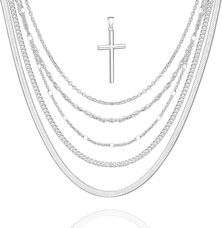 6 Pcs Stackable Silver Chain for Women, Womens Silver Plated Chain Necklace Cross Pendant Jewelry