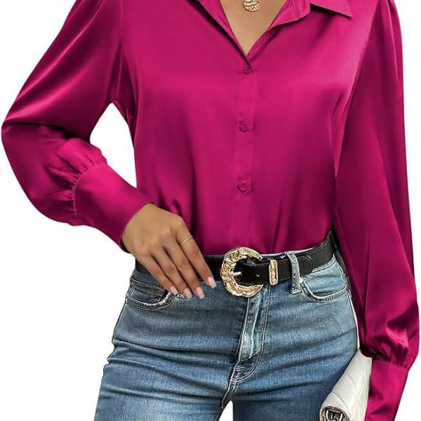 Zeagoo Womens Satin Blouse Lantern Long Sleeve Silk Button Down Shirt Dressy Casual Business Work Tunic Tops