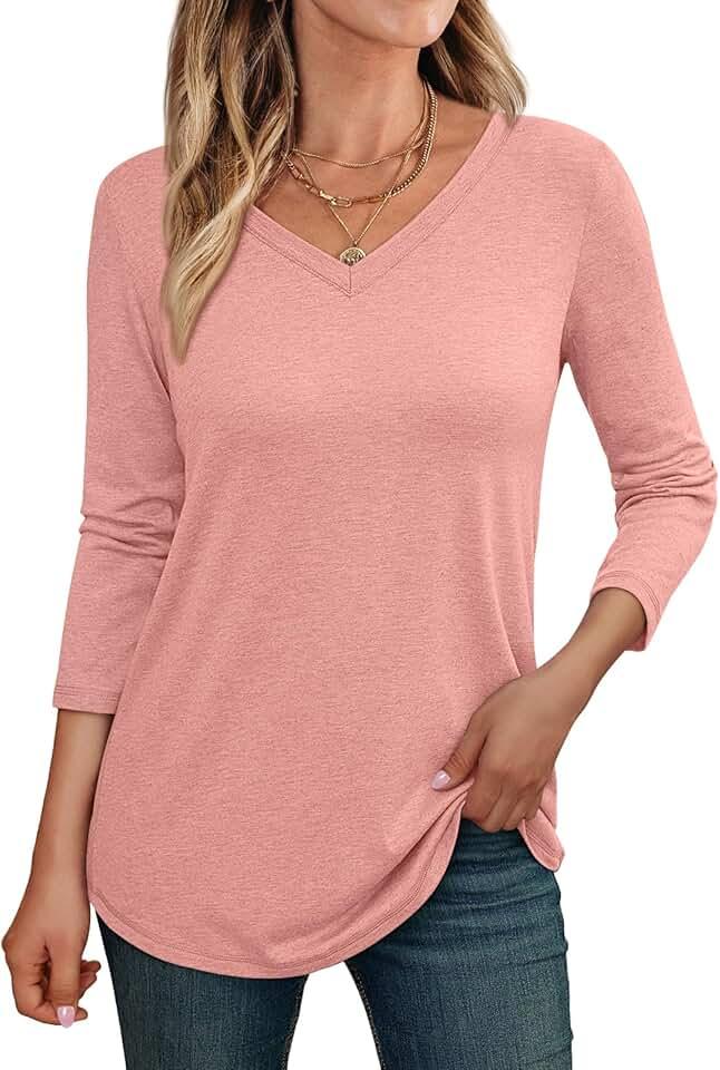 AUTOMET Womens 3/4 Length Sleeve Tops V Neck Shirts Casual Basic Trendy Tee Business Work Blouses Tunic Top