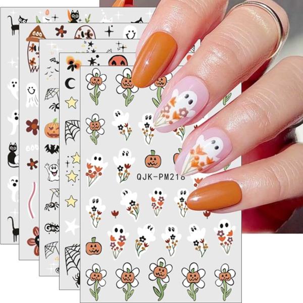 JMEOWIO 9 Sheets Halloween Nail Art Stickers Decals Self-Adhesive Cute Ghost Pumpkin Nail Supplies