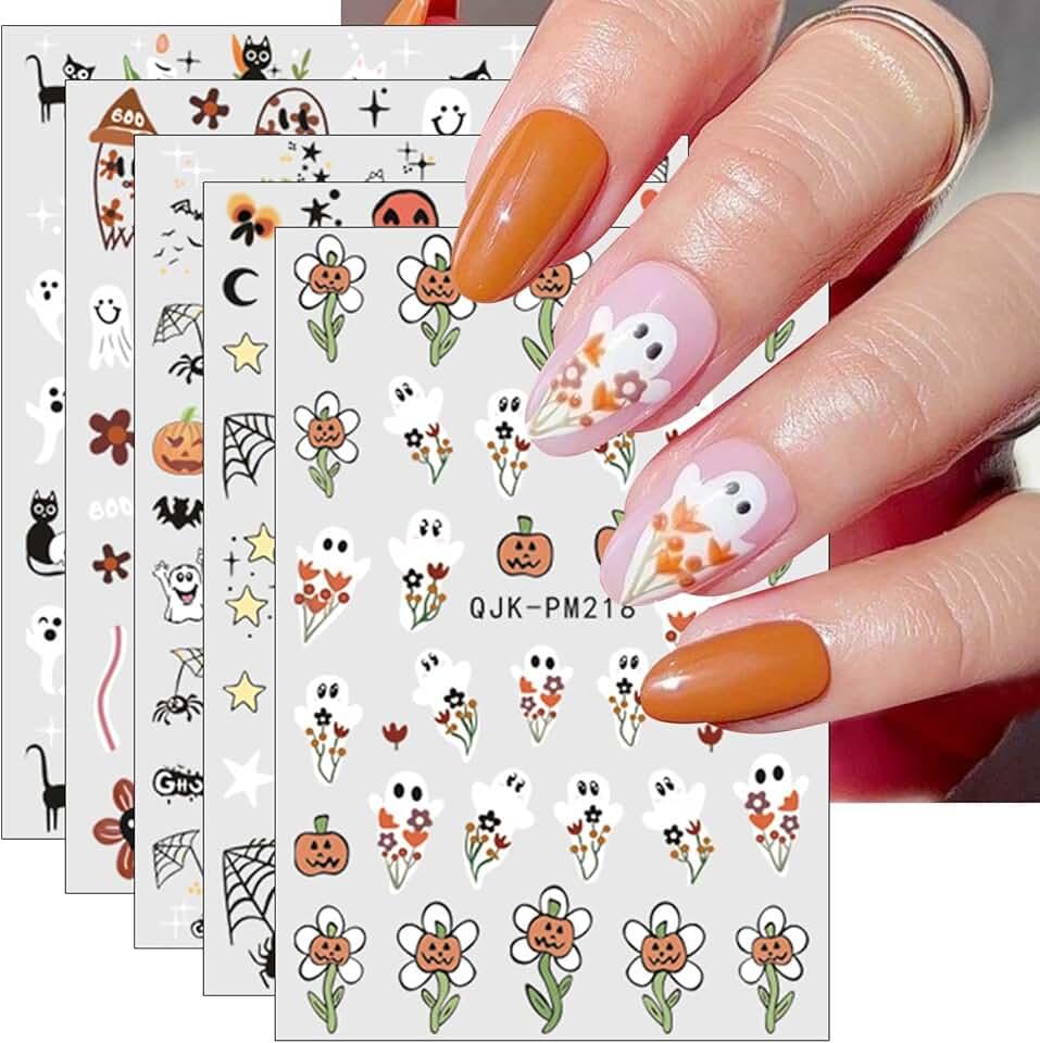 JMEOWIO 9 Sheets Halloween Nail Art Stickers Decals Self-Adhesive Cute Ghost Pumpkin Nail Supplies