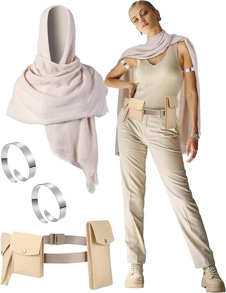 6 Pcs Halloween Costume Accessory Includes Khaki Cream Shawl Scarf Belt 3 Pcs Felt Pockets Bags