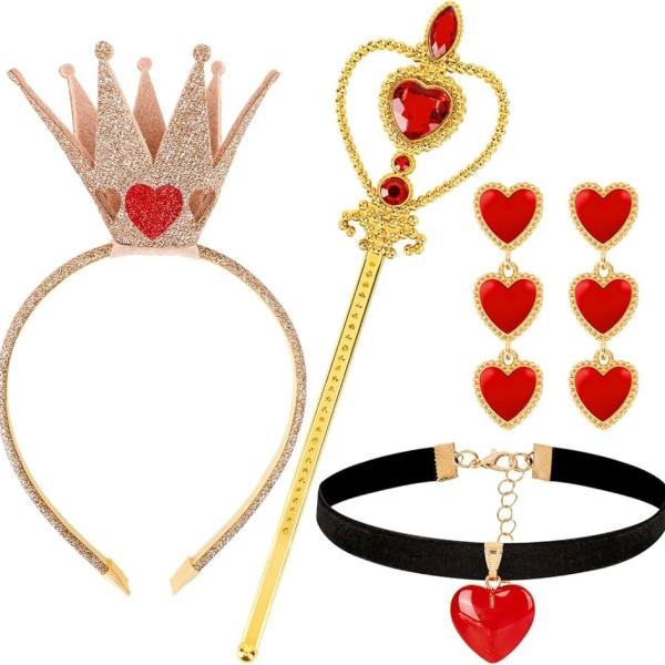 4 Pcs Halloween Queen Accessories Costume Heart Crown Headband Red Queen Wand for Adult Women Girls