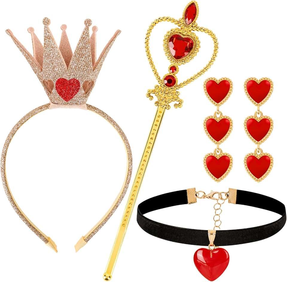 4 Pcs Halloween Queen Accessories Costume Heart Crown Headband Red Queen Wand for Adult Women Girls