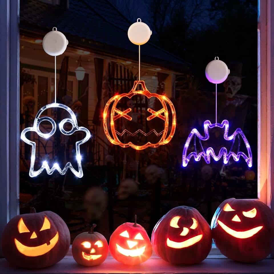 LOLStar Halloween Decorations 3 Pack Orange Pumpkin, White Ghost, Purple Bat Halloween Window