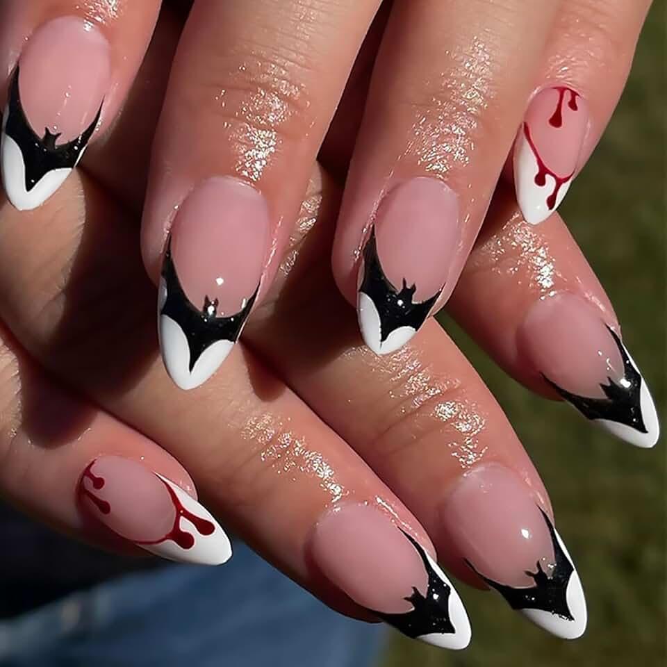 Halloween Press on Nails Medium Almond Fake Nails White French Tip False Nails With Bat Blood