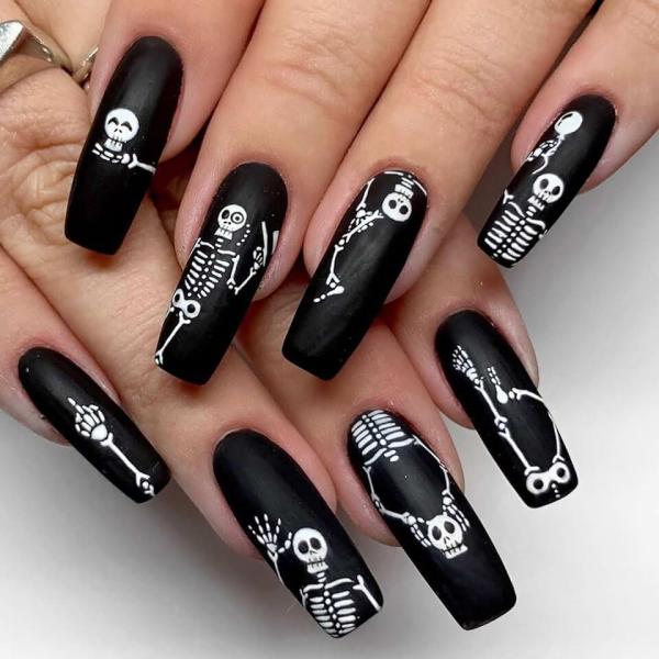 24Pcs Halloween Coffin Press on Nails Long Fake Nails Full Cover Acrylic Nails Scary Skull False