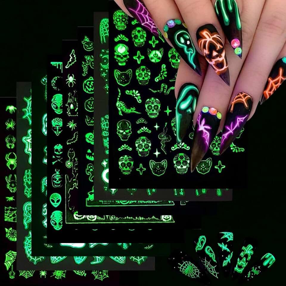 12 Sheets Halloween Nails Art Stickers Halloween Luminous Nail Sticker 3D Self-Adhesive Alien Ghost