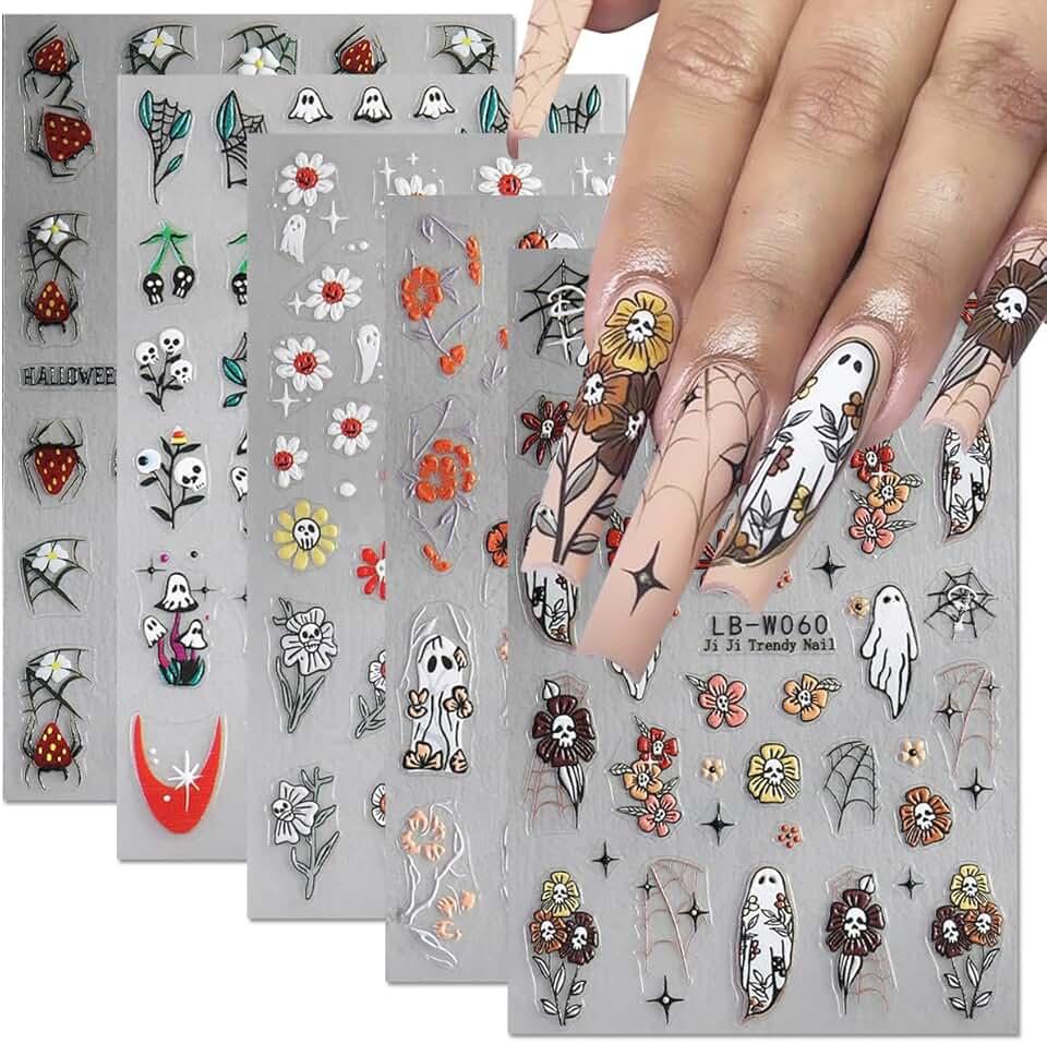 Halloween Nail Art Stickers Decals 5PCS Halloween Cute Ghost Flower Nail Stickers Skull Strawberry