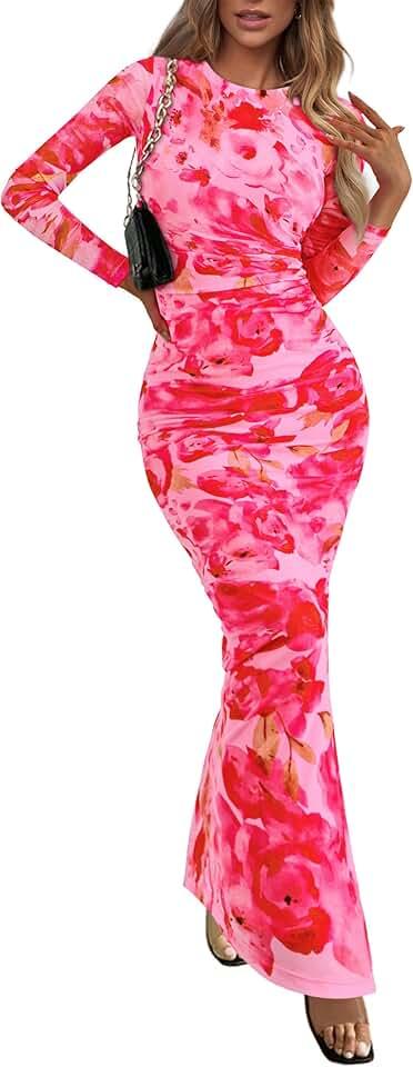 Women's Bodycon Maxi Dress Fall Fashion Long Sleeve Floral Print Tight Fitted Party Club Ruched Dresses