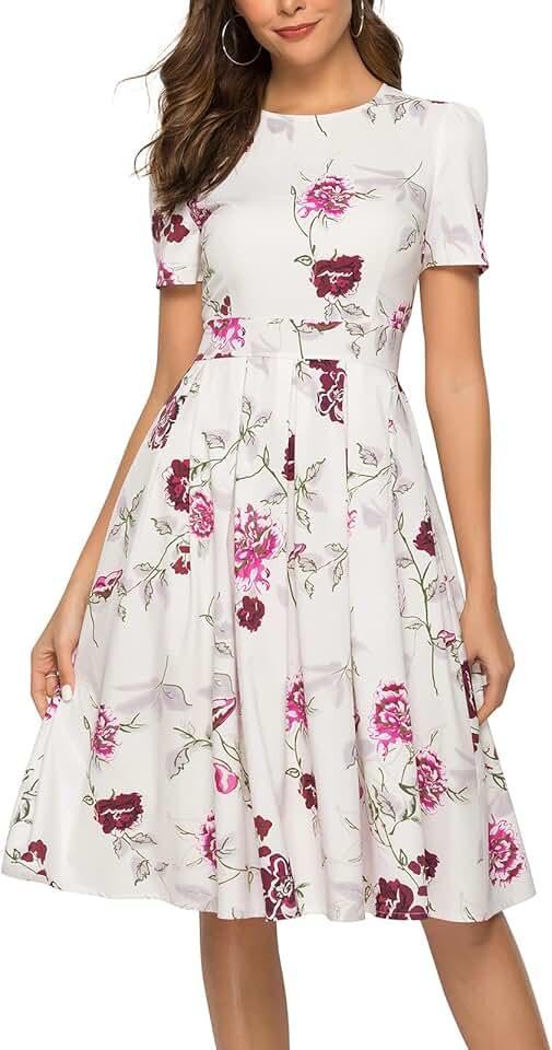 Women's Floral Summer Midi Dress Vintage Evening Dress Short Sleeve