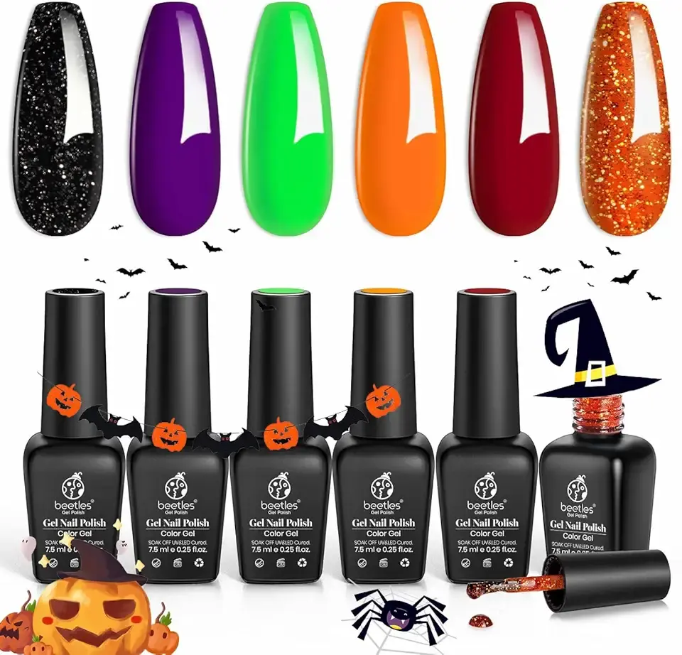 Beetles Gel Nail Polish Set, Hocus Pocus Collection Orange Green Purple Black Glitter Gel Polish