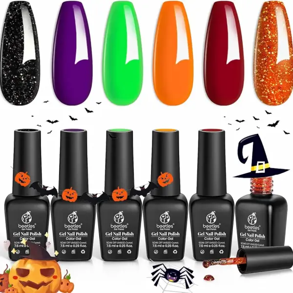 Beetles Gel Nail Polish Set, Hocus Pocus Collection Orange Green Purple Black Glitter Gel Polish