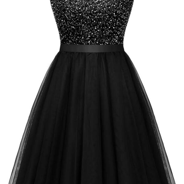 Sequin Dress Vintage A Line Wedding Formal Swing Tulle Dress Sleeveless Cocktail Mini Dress