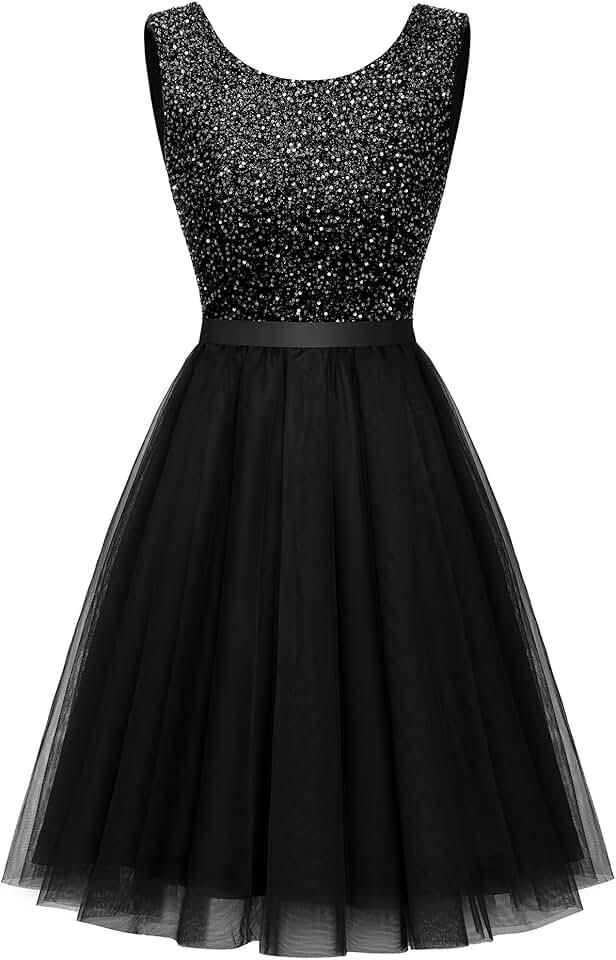 Sequin Dress Vintage A Line Wedding Formal Swing Tulle Dress Sleeveless Cocktail Mini Dress