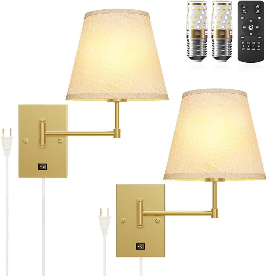 Wall Sconces Set of Two - Remote Control Wall Sconce Light Plug in, Dimmable (10%-100%)