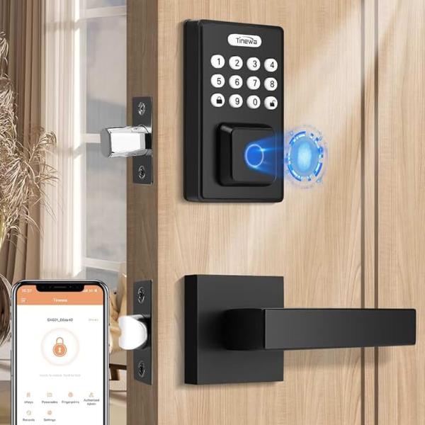 Keyless Entry Door Lock with 2 Lever Handles, Fingerprint Entry Door Handleset, Electronic Digital