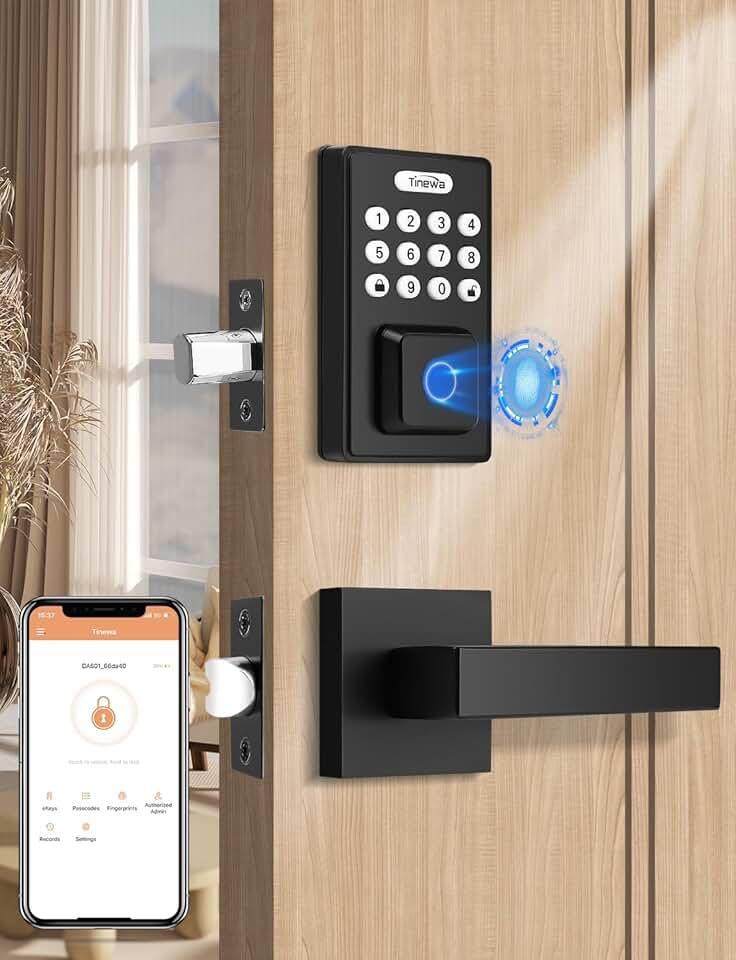 Keyless Entry Door Lock with 2 Lever Handles, Fingerprint Entry Door Handleset, Electronic Digital