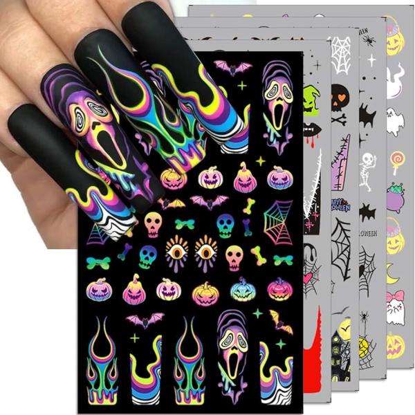 Halloween Nail Art Stickers, Gradient Pumpkin, Horror Mask Nail Decals, 3D Self-Adhesive Spider-Web