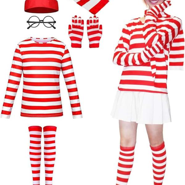 Adult Red and White Striped Shirt Wheres Halloween Cosplay Outfit Suit With Accessory