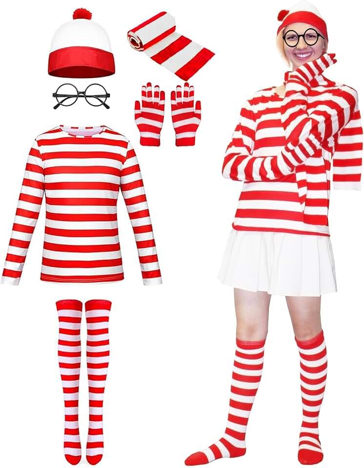 Adult Red and White Striped Shirt Wheres Halloween Cosplay Outfit Suit With Accessory