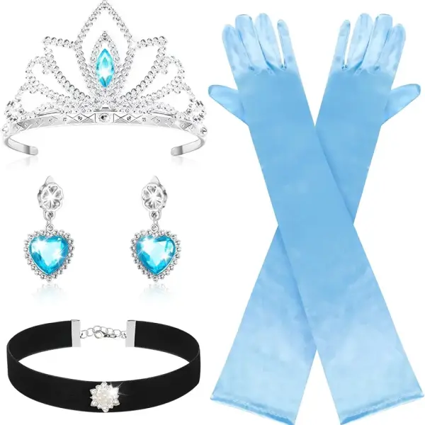 Princess Costume Accessories Crown Ear Clips and Long Blue Gloves for Women Halloween Cosplay Party