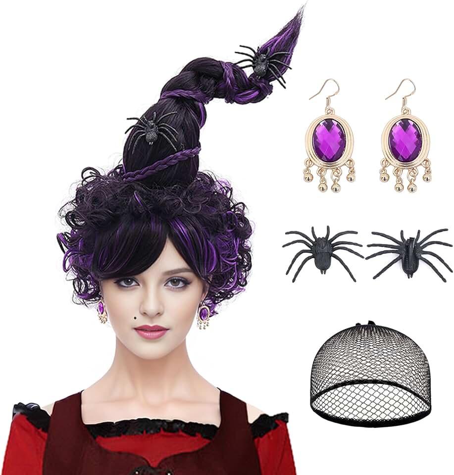 Marry Sandesoon Wig Costume Purple Mixed Black Long Braid Witch’s Hat Shaped Halloween Costume