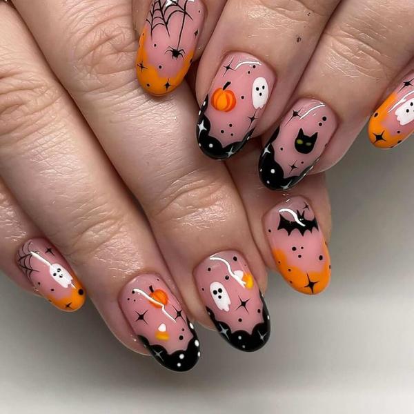 Halloween Press on Nails Short Almond False Nails Pink Fake Nails with Ghost Pumpkin Spider Web