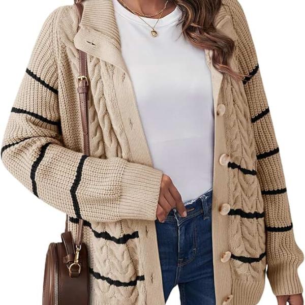 Dokotoo Women's 2024 Fall Long Sleeve Striped Sweater Open Front Chunky Cable Knit Cardigans Sweaters Button Outerwear Coats