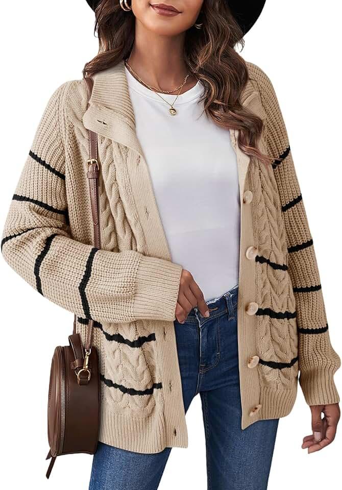 Dokotoo Women's 2024 Fall Long Sleeve Striped Sweater Open Front Chunky Cable Knit Cardigans Sweaters Button Outerwear Coats