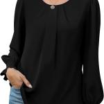 Funlingo Womens Tops Dressy Casual Smocked Long Sleeve Shirts Crew Neck Loose Chiffon Tunics Office Work Blouses