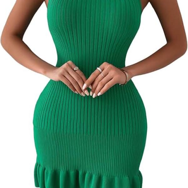 Women's Sexy Sleeveless Bodycon Dress Ruffle Hem Ribbed Knit Sweater Slim Fit Ruched Stretchy Tank Mini Dresses