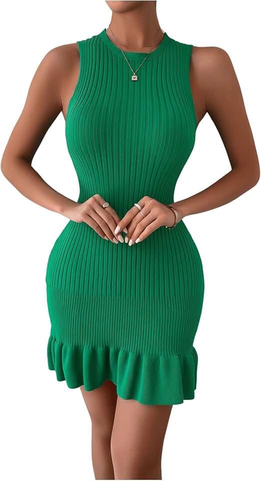 Women's Sexy Sleeveless Bodycon Dress Ruffle Hem Ribbed Knit Sweater Slim Fit Ruched Stretchy Tank Mini Dresses