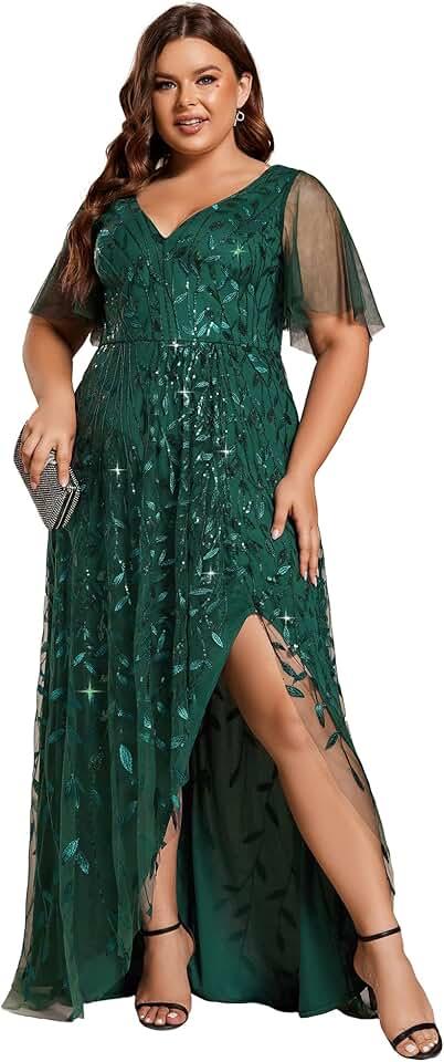 Women's Plus Size Gorgeous A Line Sequin Embroidered Evening Dress with Sleeves 02083-DA