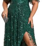 Women's Plus Size Gorgeous A Line Sequin Embroidered Evening Dress with Sleeves 02083-DA