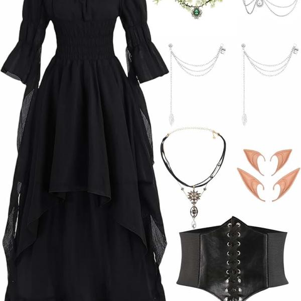 Renaissance Costume Women Puff Sleeve Off Shoulder Medieval Dress with Corset Steampunk Chemise