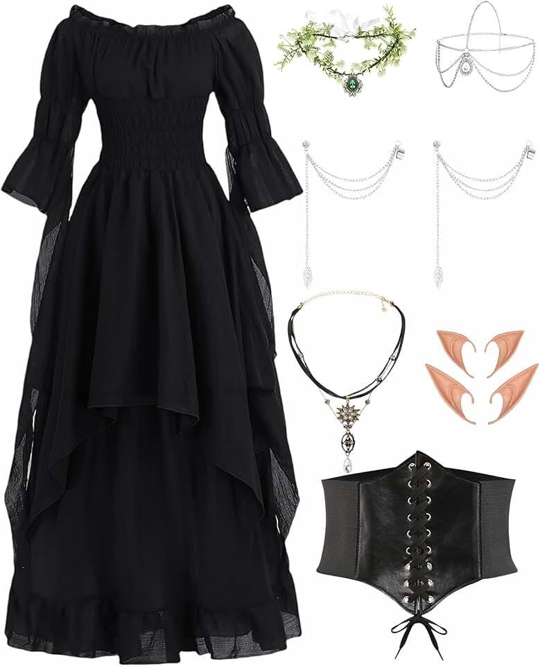 Renaissance Costume Women Puff Sleeve Off Shoulder Medieval Dress with Corset Steampunk Chemise