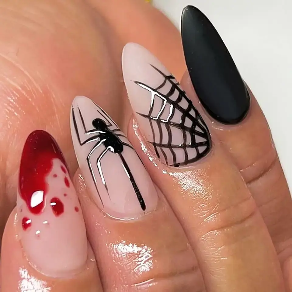 Halloween Press on Nails,Medium Almond Fake Nails Spider & Spider Web Acrylic Nails with Blood Drop